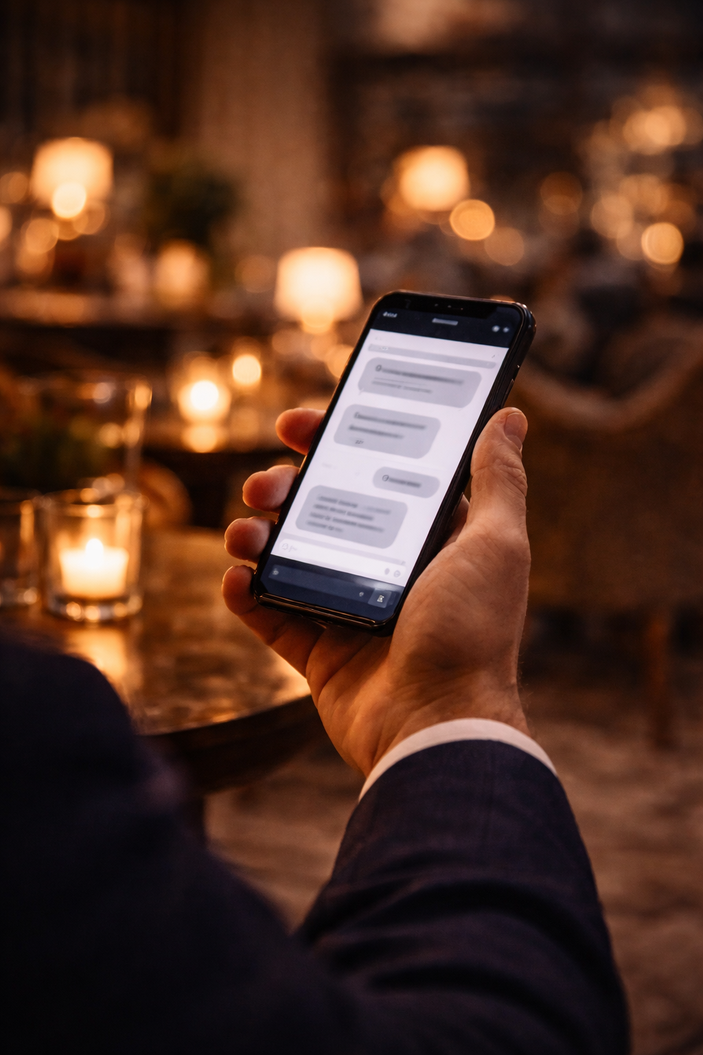 A hand holding a smartphone with a blurred conversation, modern and discreet mood