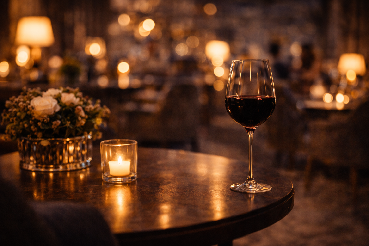 Chic lounge evening, a glass on the table, soft light and a premium atmosphere