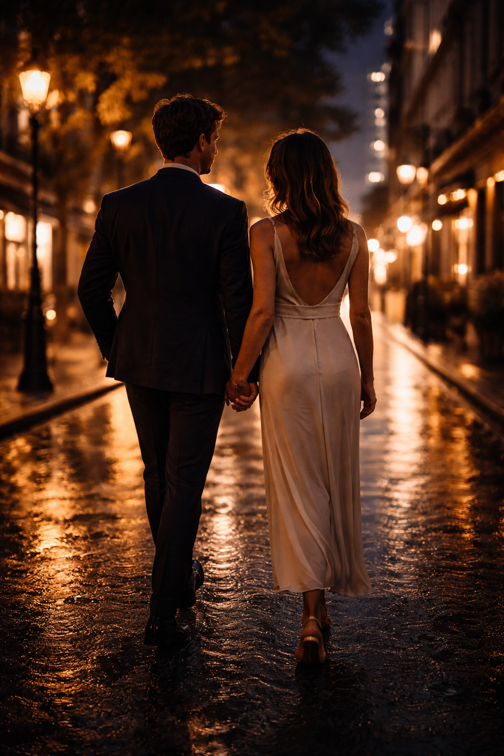 Elegant couple walking in the city at night, urban lights and a discreet vibe
