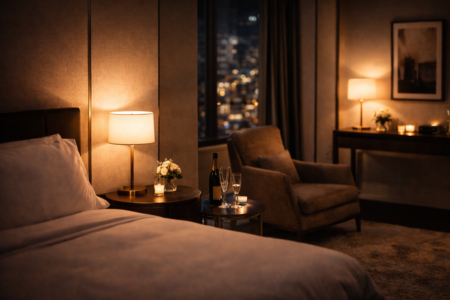 Modern elegant hotel mood, warm light, magazine-style atmosphere